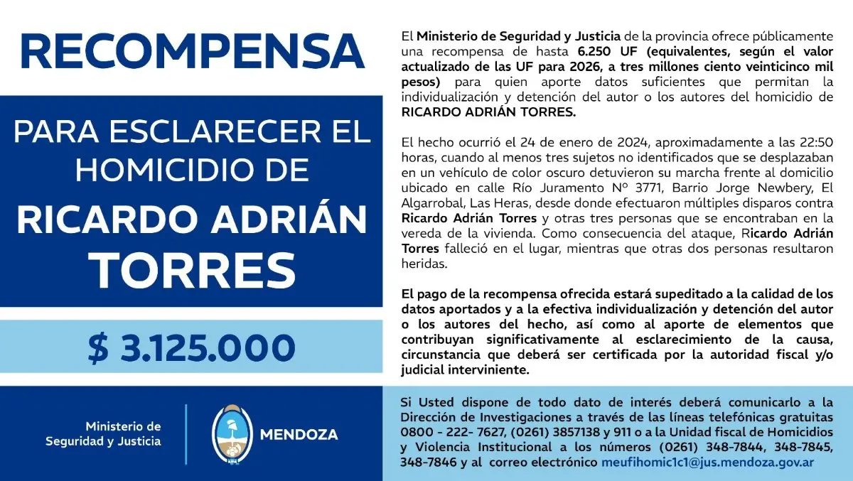 Ofrecen $3.125.000 de recompensa por datos del crimen de Ricardo Torres en El Algarrobal