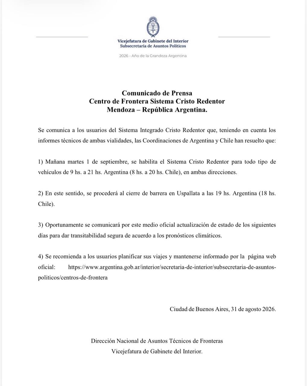 El Paso a Chile seguirá operando al inicio de septiembre con horario de invierno