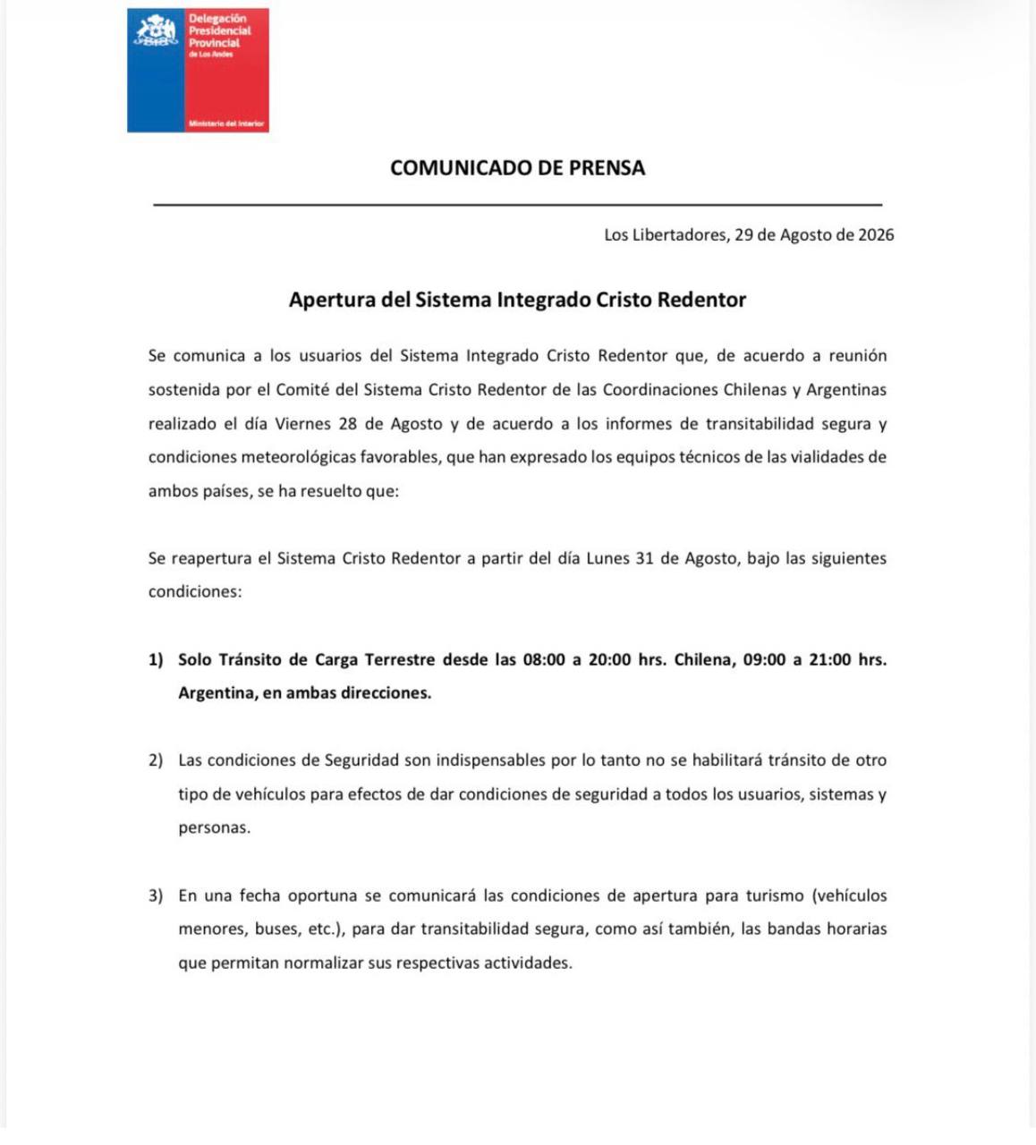 El próximo lunes reabre el Paso a Chile, pero sólo para transporte de cargas