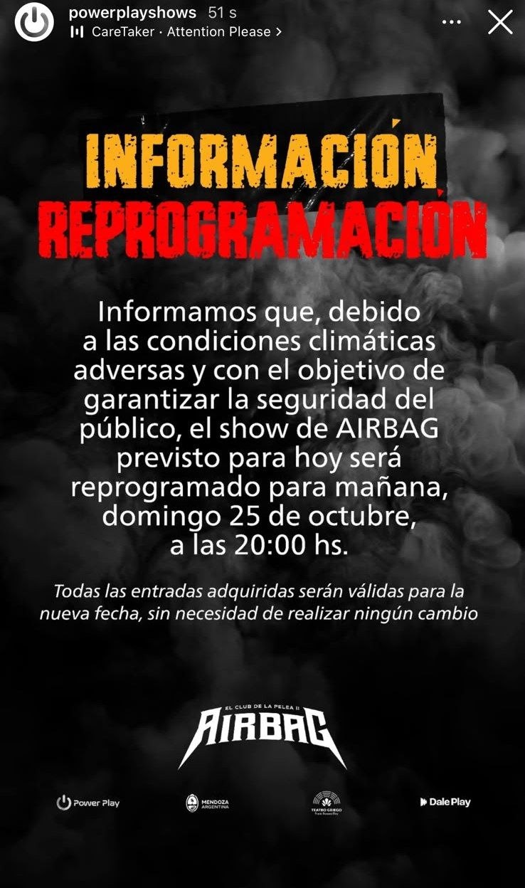 Se reprogramó el show de Airbag en el Teatro Griego por condiciones climáticas