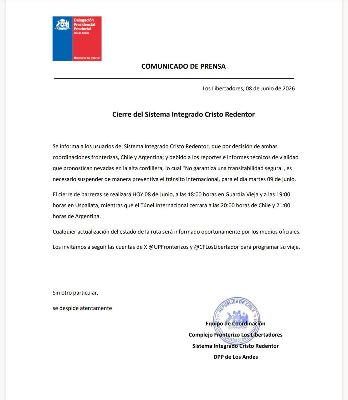 Por la tarde cierra el Paso a Chile