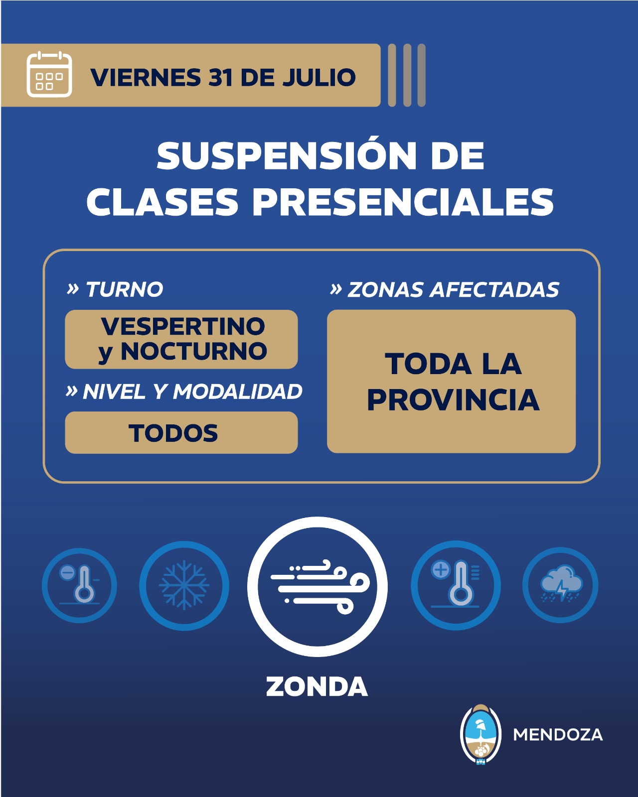 Viernes 31 de julio: continúa la suspensión de clases presenciales en toda la provincia – mendoza.edu.ar